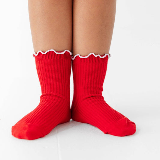 Ribbed Lettuce Trim Midi Socks - Red/White: 7-10 YEARS