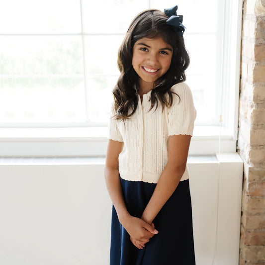 Organic French Schoolgirl Sweater Dress: Ivory Cable and Navy Colorblock / 3