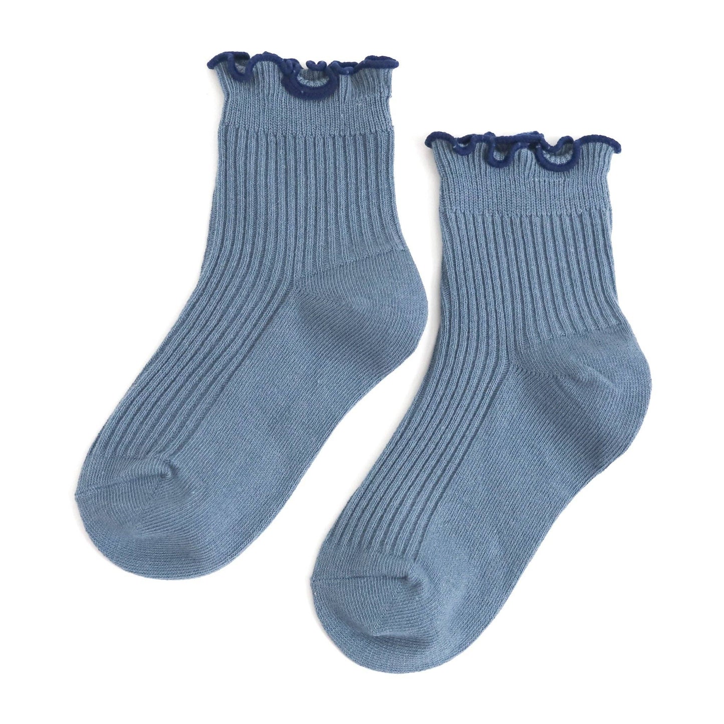 Ribbed Lettuce Trim Midi Socks - Denim/Navy: 4-6 YEARS