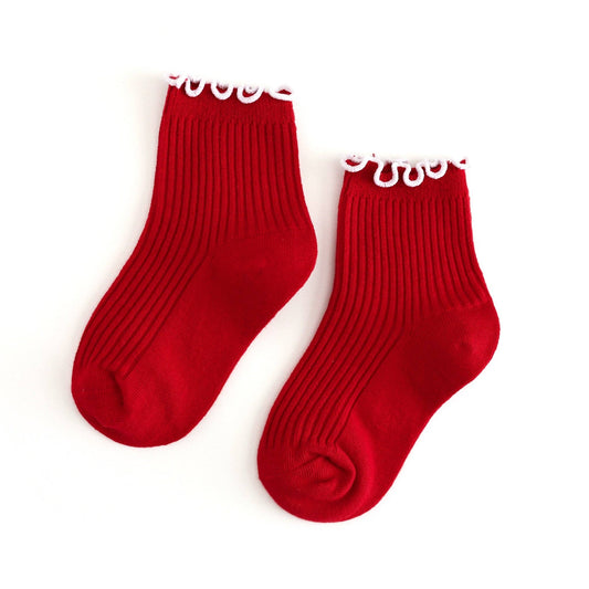 Ribbed Lettuce Trim Midi Socks - Red/White: 7-10 YEARS