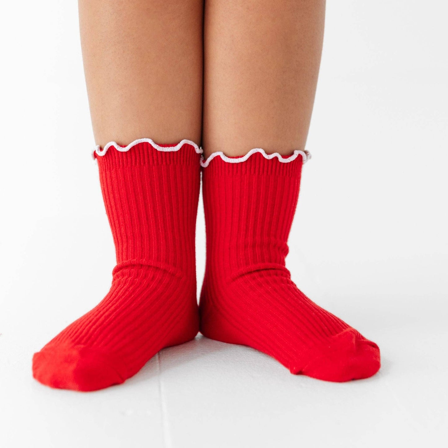 Ribbed Lettuce Trim Midi Socks - Red/White: 7-10 YEARS