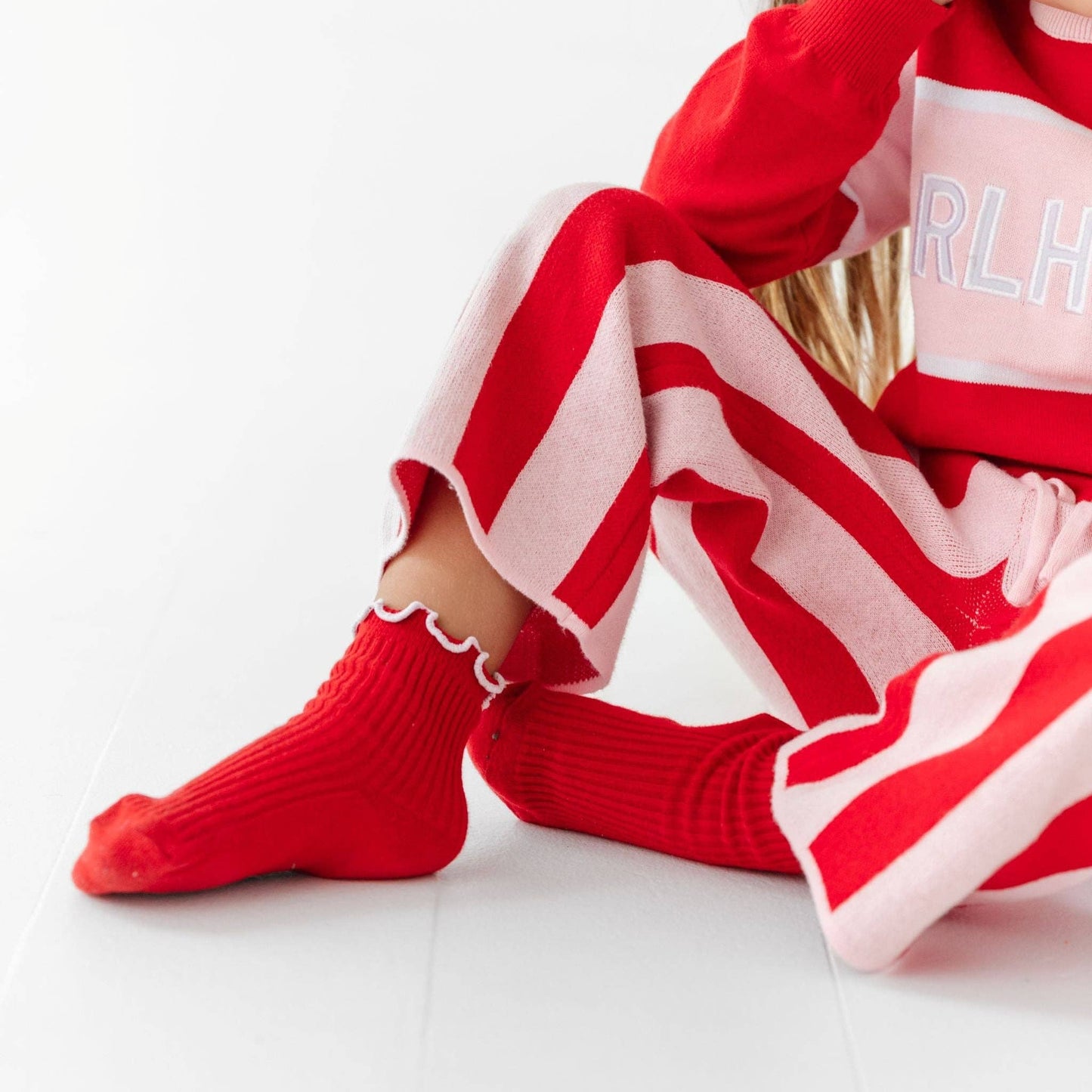 Ribbed Lettuce Trim Midi Socks - Red/White: 7-10 YEARS